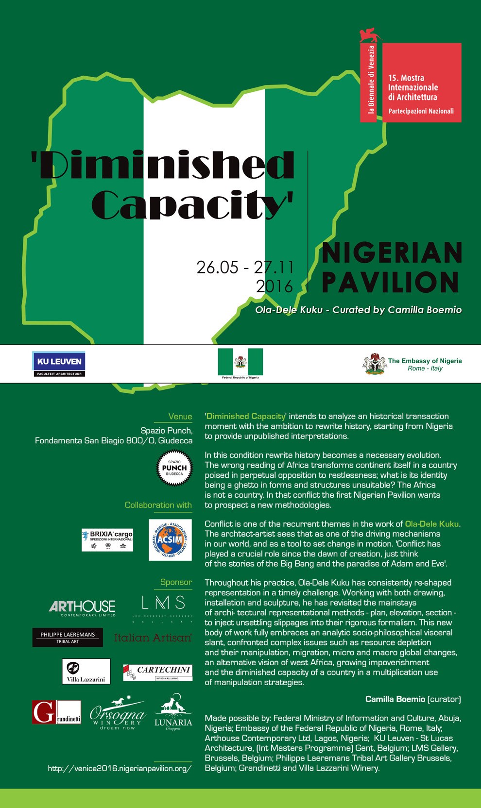 Official poster of the Nigerian Pavilion &laquo;Diminished Capacity&raquo;, with curatorial text, venue, collaborations and sponsors