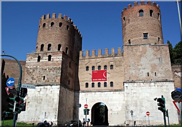 The Aurelian Walls at Porta San Sebastiano, with its two towers, where Museo delle Mura is housed