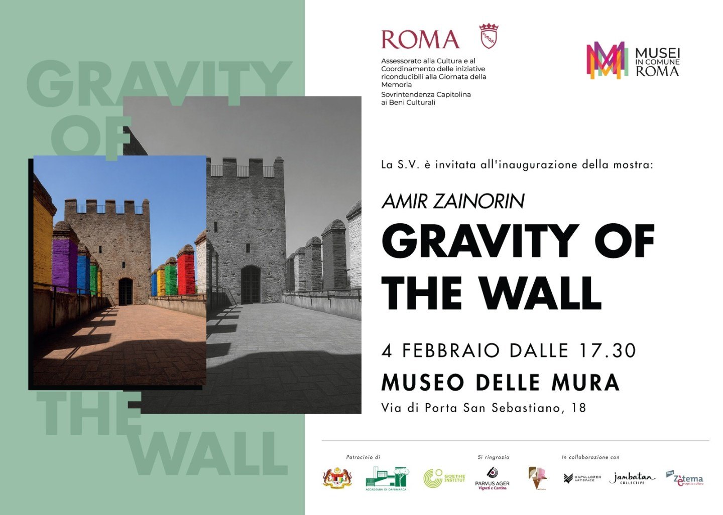 Invito all&rsquo;inaugurazione della mostra Gravity of the Wall di Amir Zainorin, Museo delle Mura
