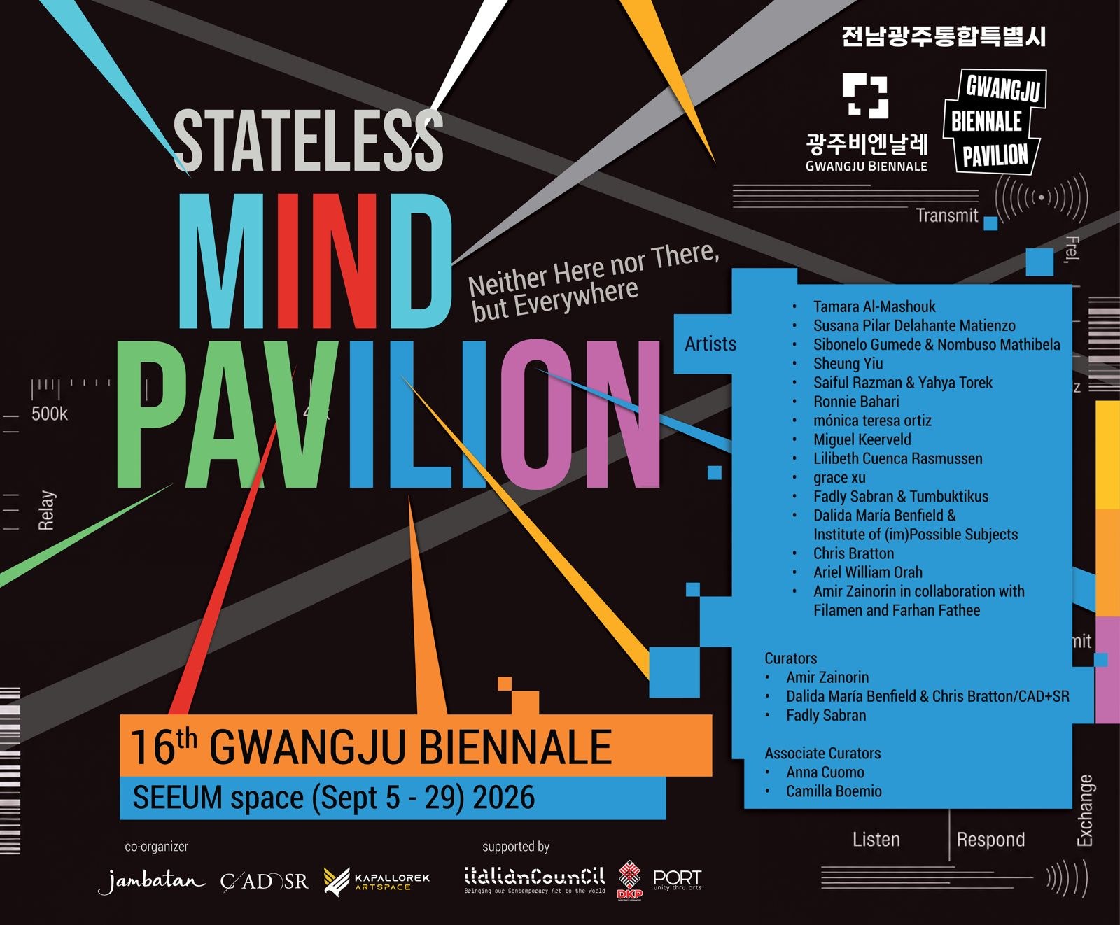 Official poster of the Stateless Mind Pavilion, with the list of artists, curators and associate curators