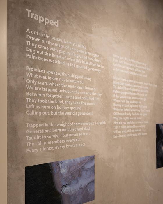 Wall text titled Trapped, a poem in white lettering on a plaster wall, next to a macro photograph of a salt or mineral formation